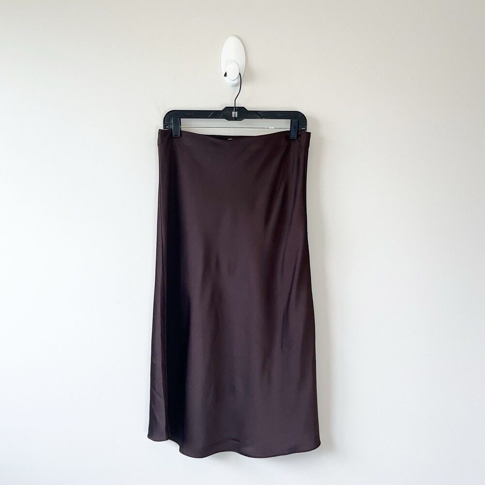 Loft Brown Satin Midi Slip Skirt Pull On Women's Y2K Quiet Luxury Petite Medium